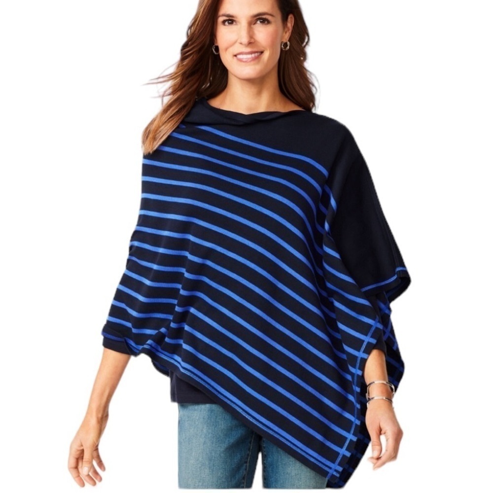 Talbots Navy and Blue Striped Asymmetrical Poncho Sweater Top Size Small/Medium
